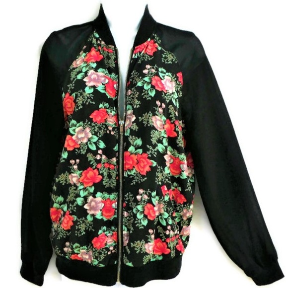 Kendall & Kylie Jackets & Blazers - Kendall & Kylie Bomber Jacket Zip Floral Sheer Raglan Sleeve Lightweight S